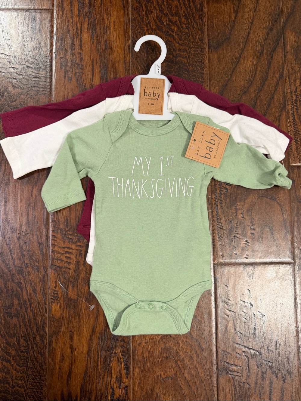 Rae Dunn Baby 3-Pack One-Piece Set in Sage, Cream, Burgundy 1st Thanksgiving 3Mo